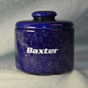 14 oz Baxter labs pharmaceutical promo blue ceramic canister with lid (w1300)